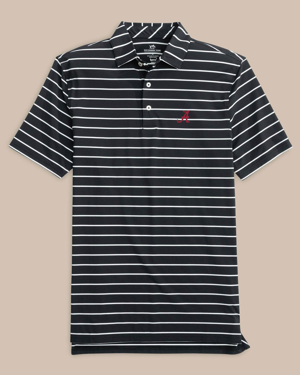 The front view of the Alabama Crimson Tide brrr°®eeze Desmond Stripe Polo by Southern Tide - Black