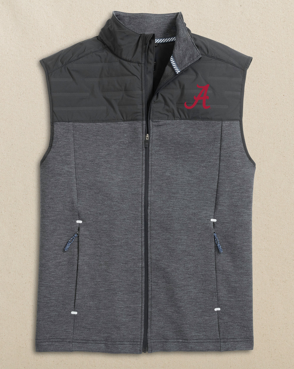 The front view of the Southern Tide Alabama Crimson Tide Coligny Quilted Vest by Southern Tide - Caviar Black