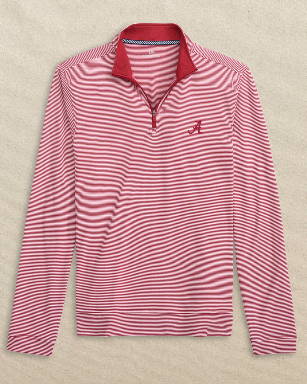 The front view of the Southern Tide Alabama Crimson Tide Cruiser Micro-Stripe Quarter Zip by Southern Tide - Heather Crimson