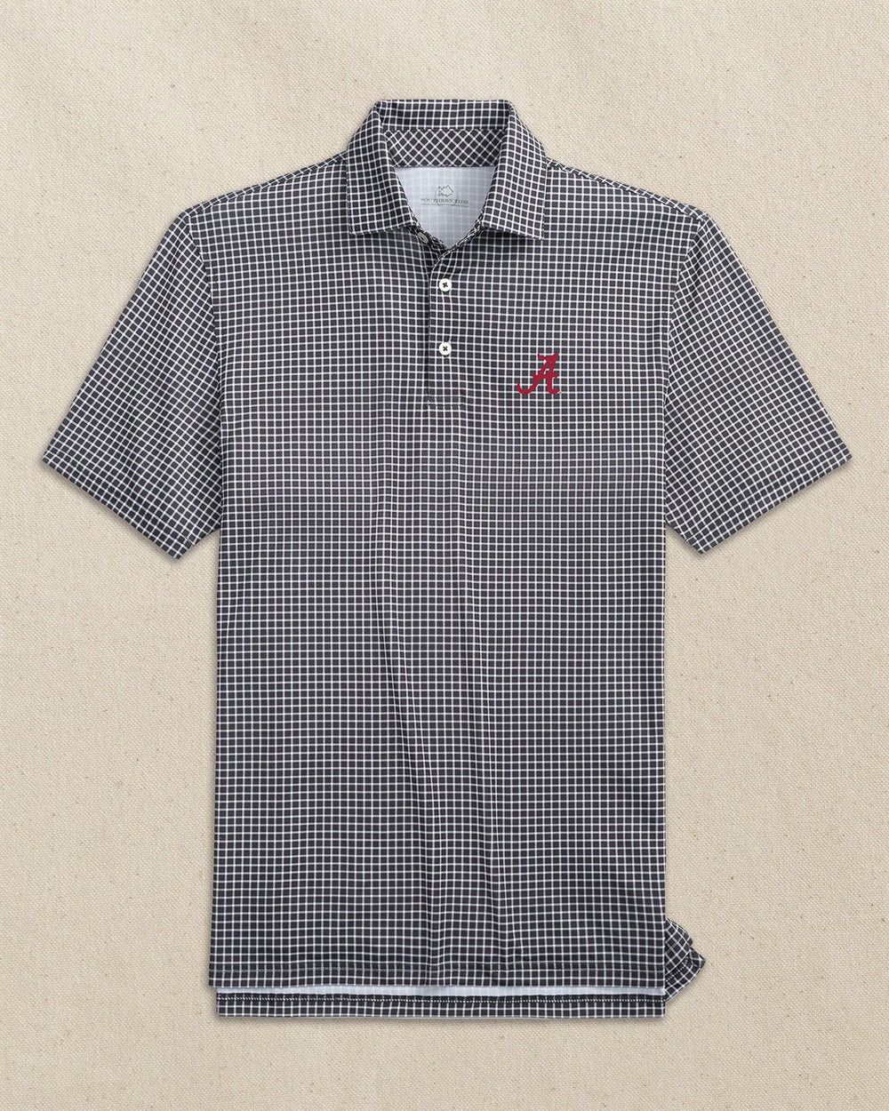 The front view of the Southern Tide Alabama Crimson Tide Driver Dunes Edge Plaid Polo by Southern Tide - Black