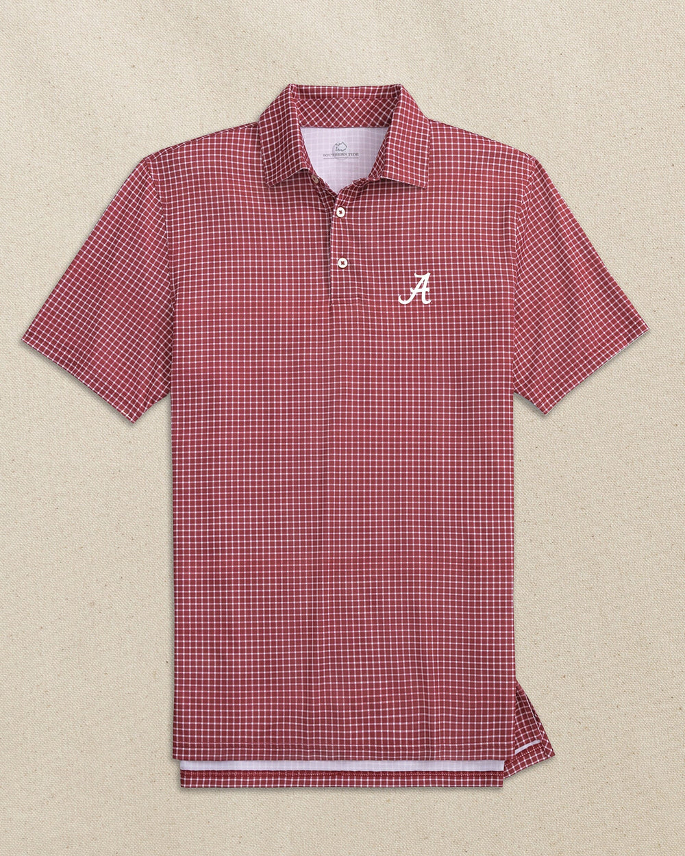 The front view of the Southern Tide Alabama Crimson Tide Driver Dunes Edge Plaid Polo by Southern Tide - Crimson
