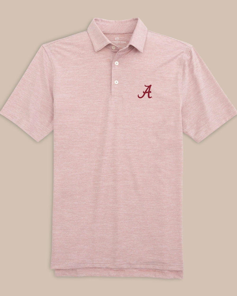 The front view of the Alabama Crimson Tide Driver Spacedye Polo Shirt by Southern Tide - Crimson