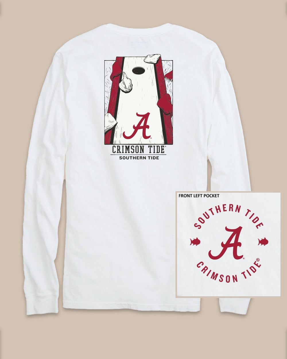 The back view of the Alabama Crimson Tide Gameday Cornhole Board T-Shirt by Southern Tide - Classic White