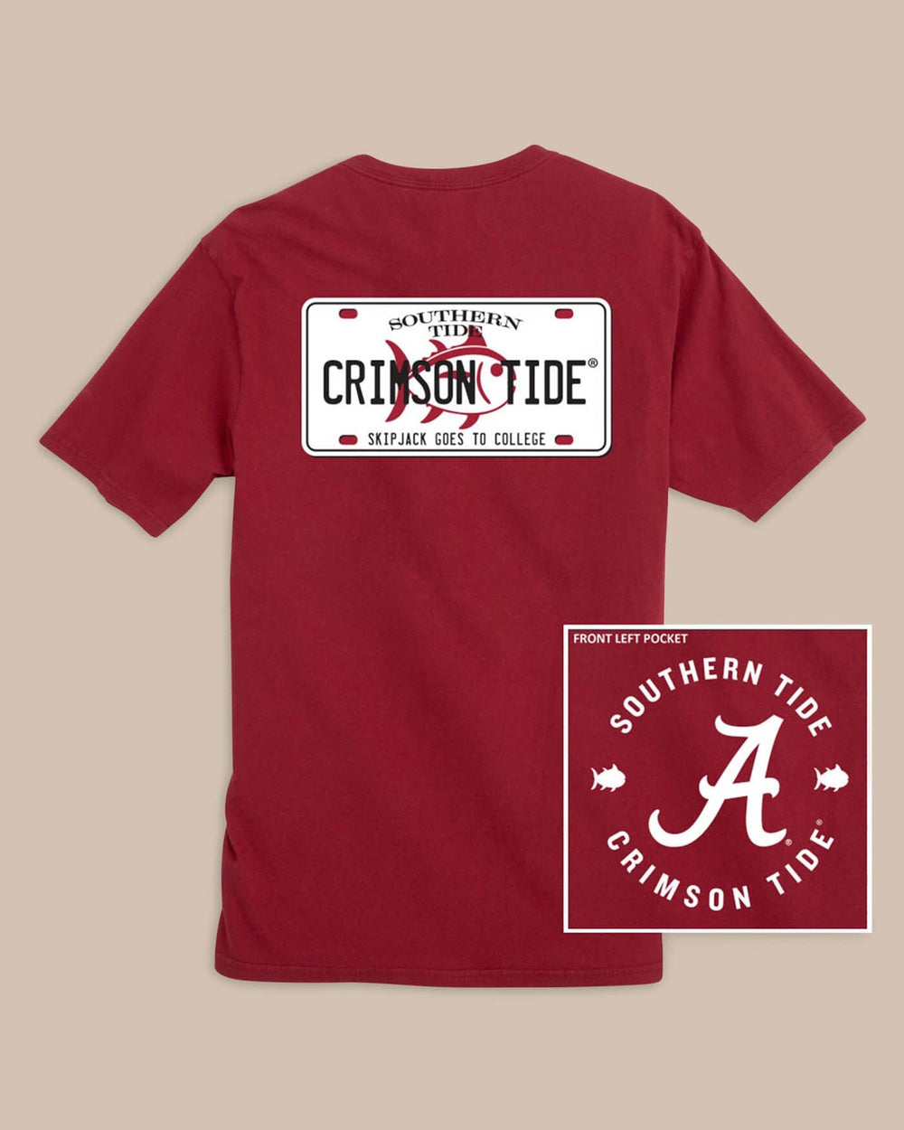 The front and back of the Alabama Crimson Tide License Plate T-Shirt by Southern Tide - Crimson