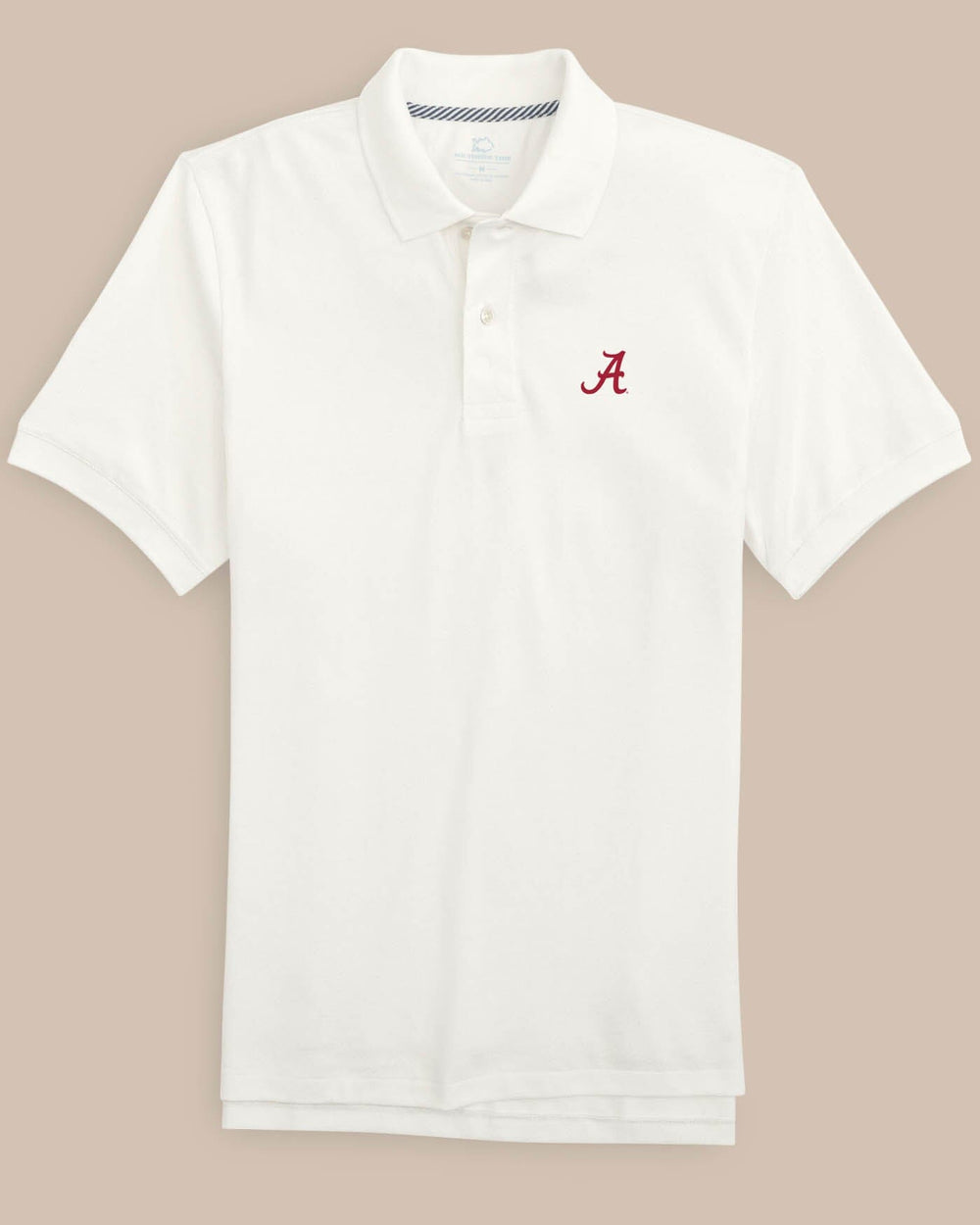The front view of the Alabama Crimson Tide New Short Sleeve Skipjack Polo by Southern Tide - Classic White