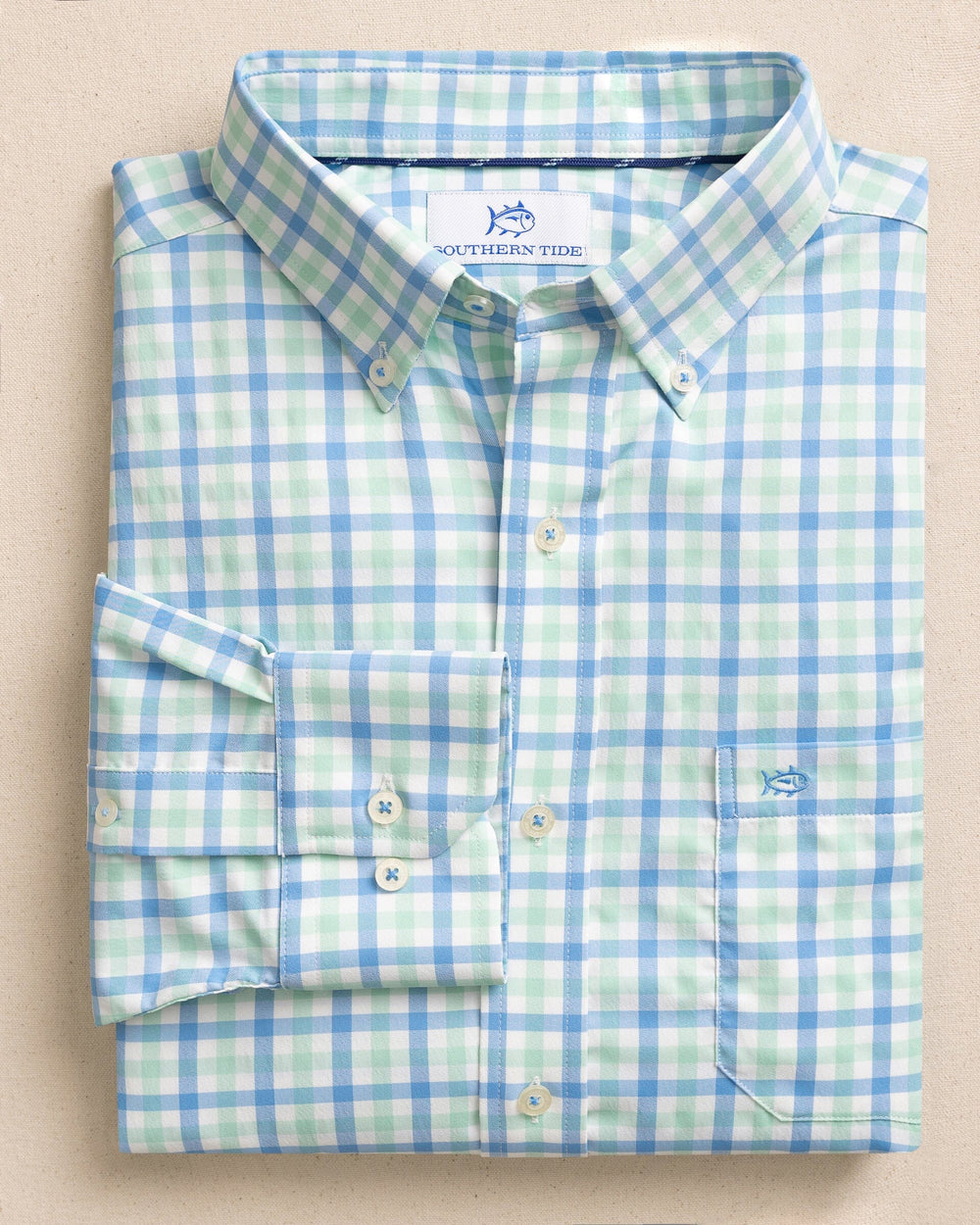The front view of the Southern Tide Albemarle Gingham brrr°® Intercoastal Sport Shirt by Southern Tide - Boat Blue