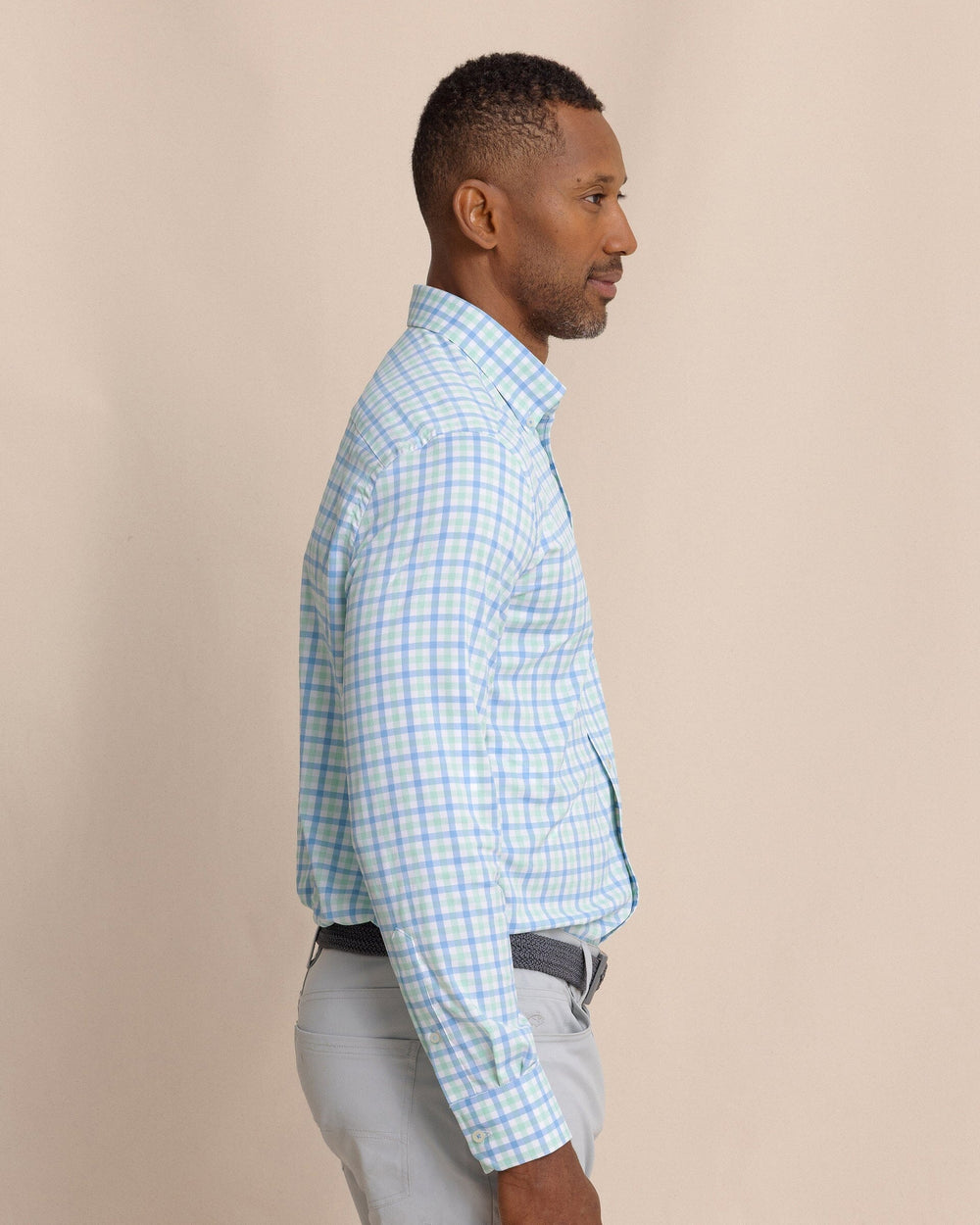 The side view of the Southern Tide Albemarle Gingham brrr°® Intercoastal Sport Shirt by Southern Tide - Boat Blue
