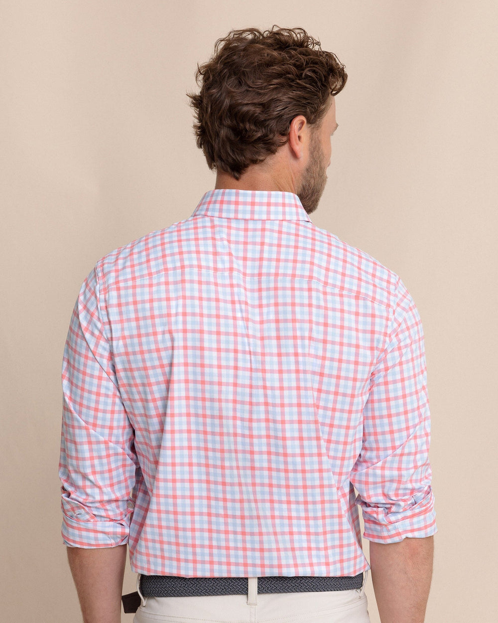 The back view of the Southern Tide Albemarle Gingham brrr°® Intercoastal Sport Shirt by Southern Tide - Sunkist Coral