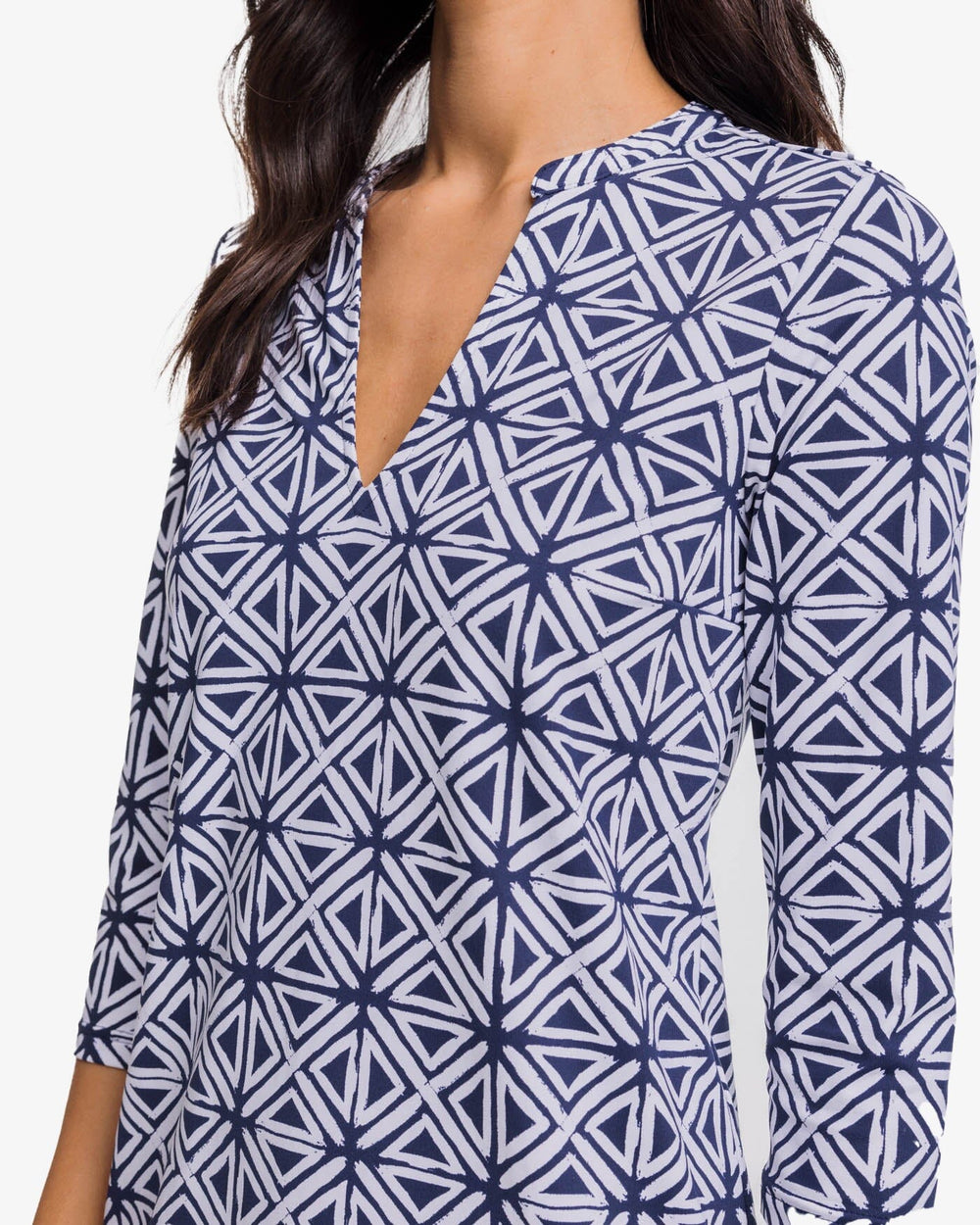 The detail view of the Southern Tide Alicia Painted Geo Performance Dress by Southern Tide - Nautical Navy
