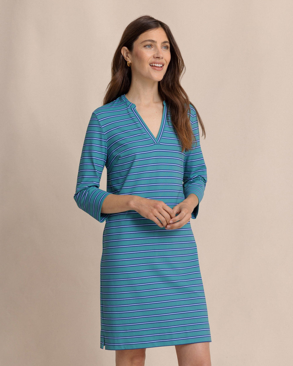 The front view of the Southern Tide Alicia Stripe Dress by Southern Tide - Spruce Shade