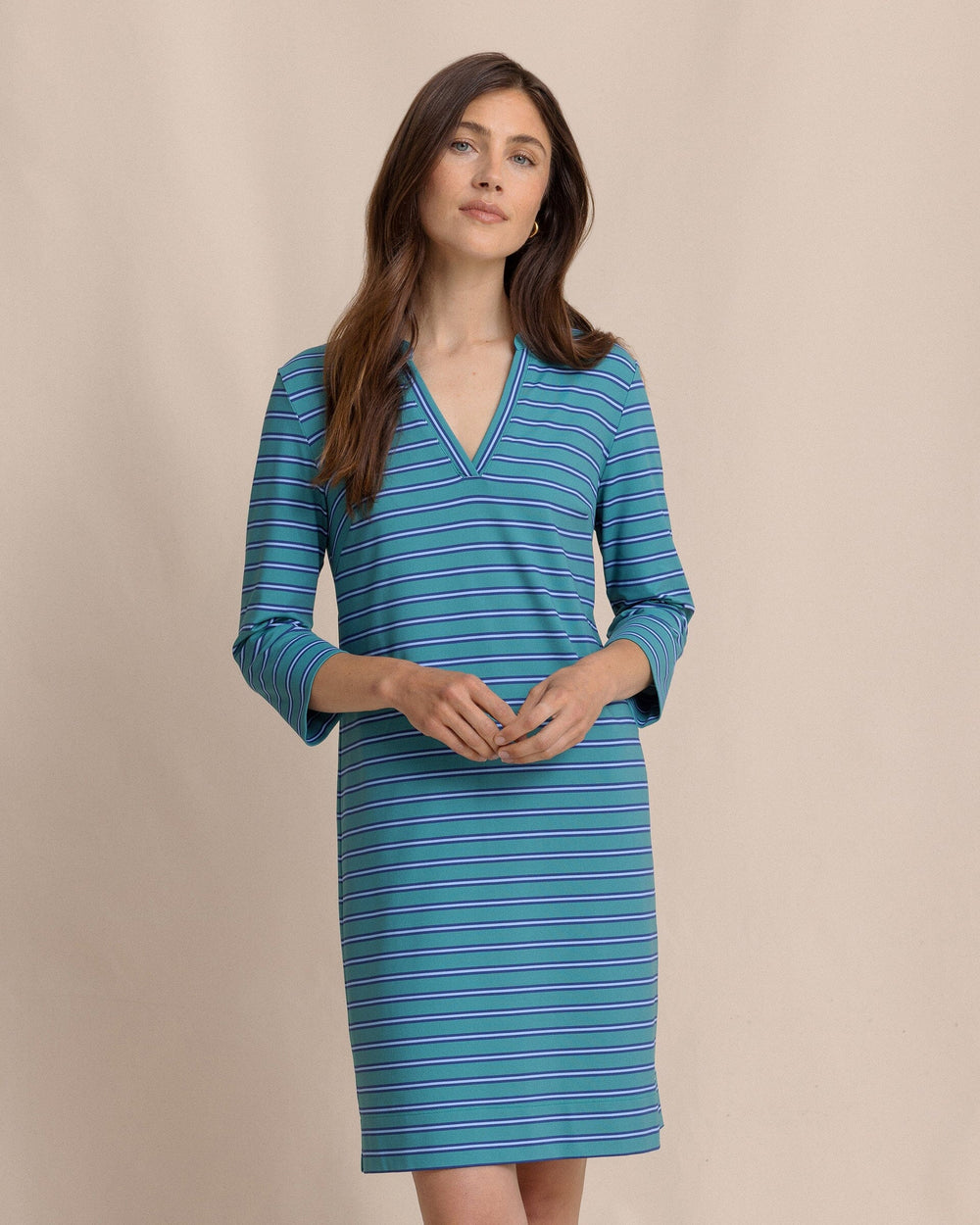 The front view of the Southern Tide Alicia Stripe Dress by Southern Tide - Spruce Shade