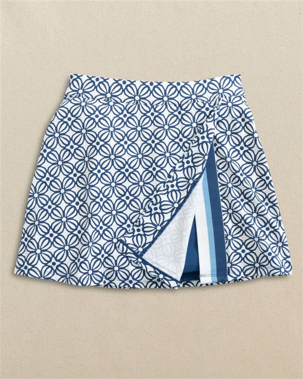The front detail view of the Southern Tide Amber Printed Active Skort by Southern Tide - Nautical Blue