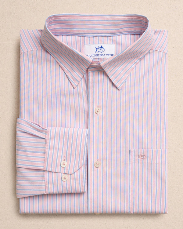 The front view of the Southern Tide Amelia Island Stripe Charleston Sport Shirt by Southern Tide - Sea Pink
