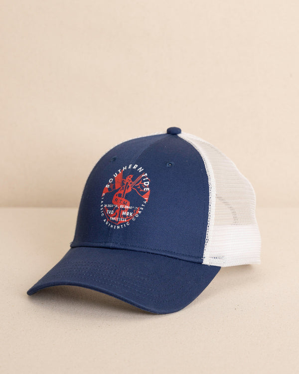 The front view of the Southern Tide Anchors and Flags Trucker Hat by Southern Tide - Vintage Indigo