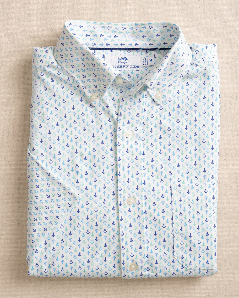 The front view of the Southern Tide Anchors Away Intercoastal Short Sleeve Sport Shirt by Southern Tide - Dazzling Blue