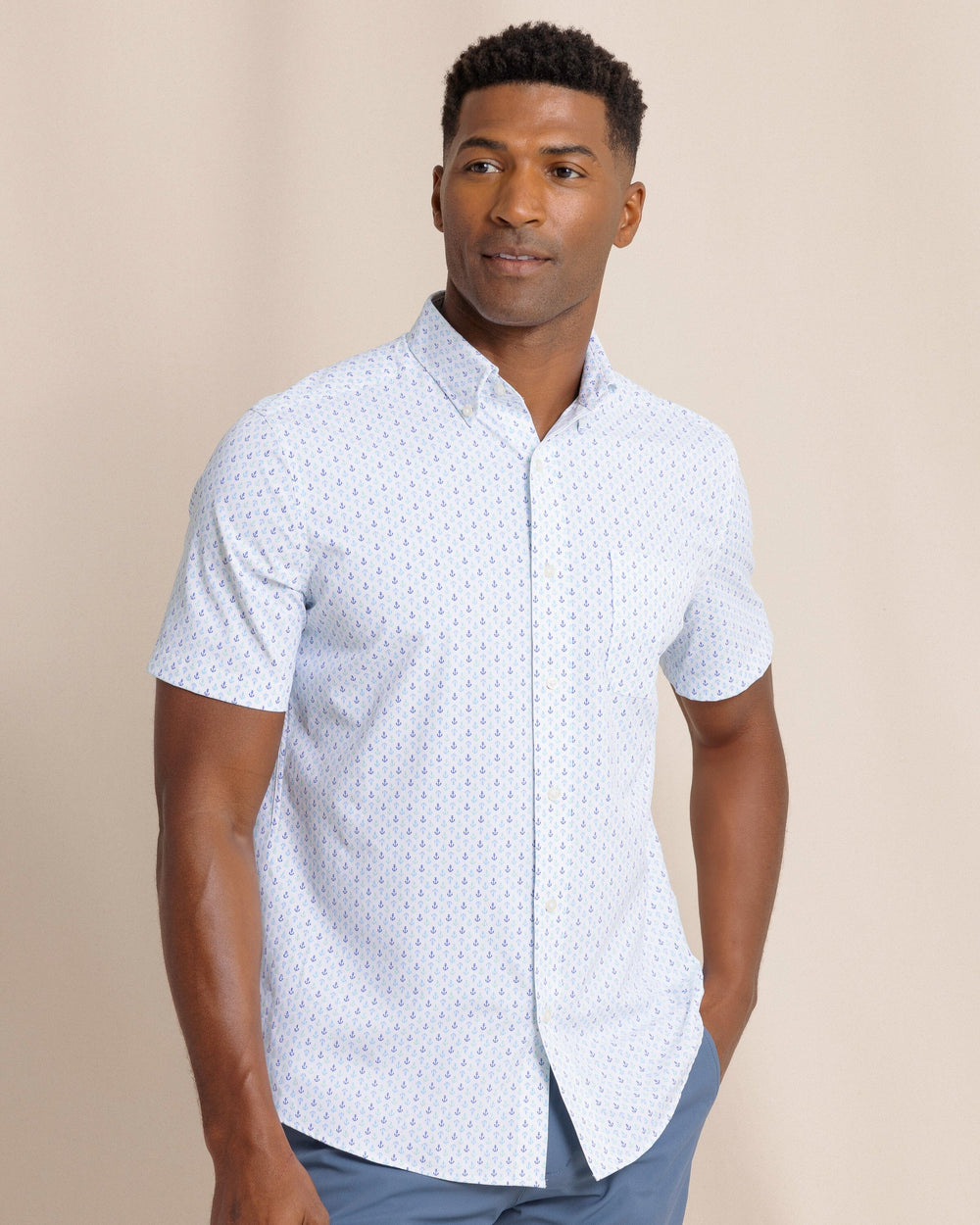 The front view of the Southern Tide Anchors Away Intercoastal Short Sleeve Sport Shirt by Southern Tide - Dazzling Blue