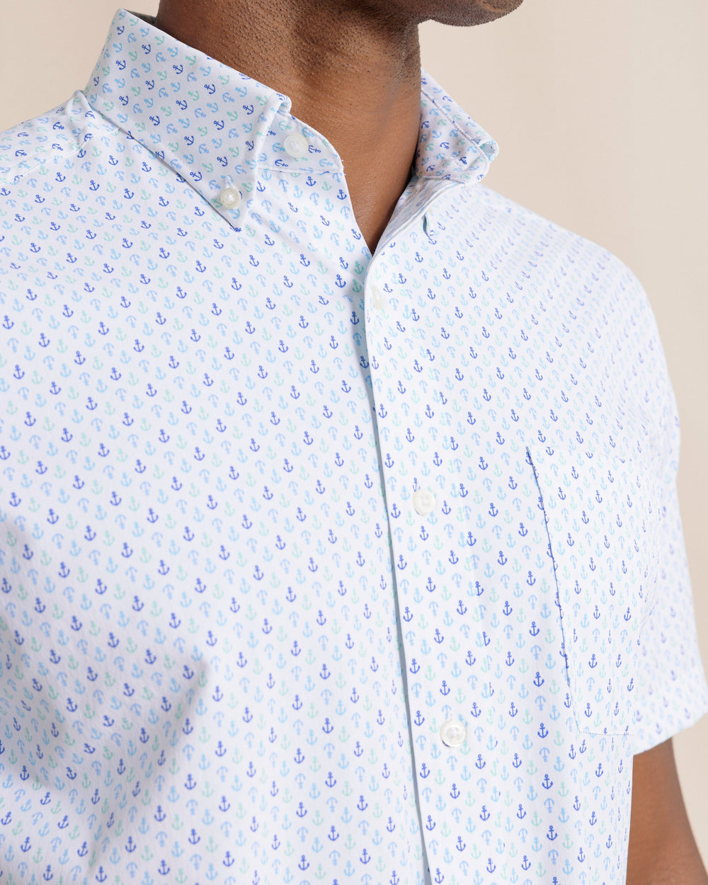 The front detail view of the Southern Tide Anchors Away Intercoastal Short Sleeve Sport Shirt by Southern Tide - Dazzling Blue