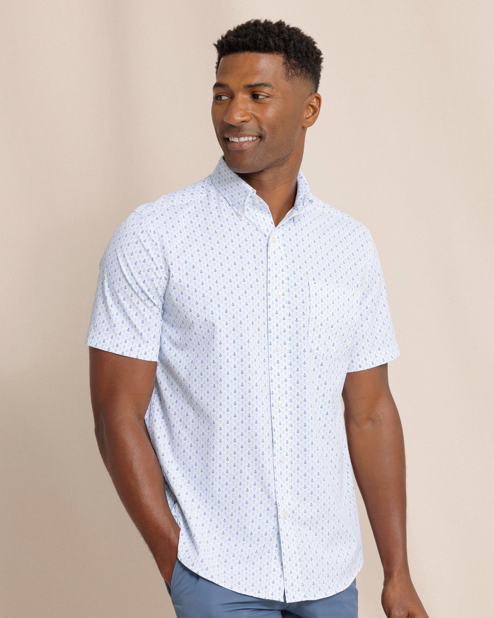 The front side view of the Southern Tide Anchors Away Intercoastal Short Sleeve Sport Shirt by Southern Tide - Dazzling Blue