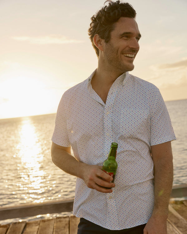 The lifestyle view of the Southern Tide Anchors Away Intercoastal Short Sleeve Sport Shirt by Southern Tide - Dazzling Blue