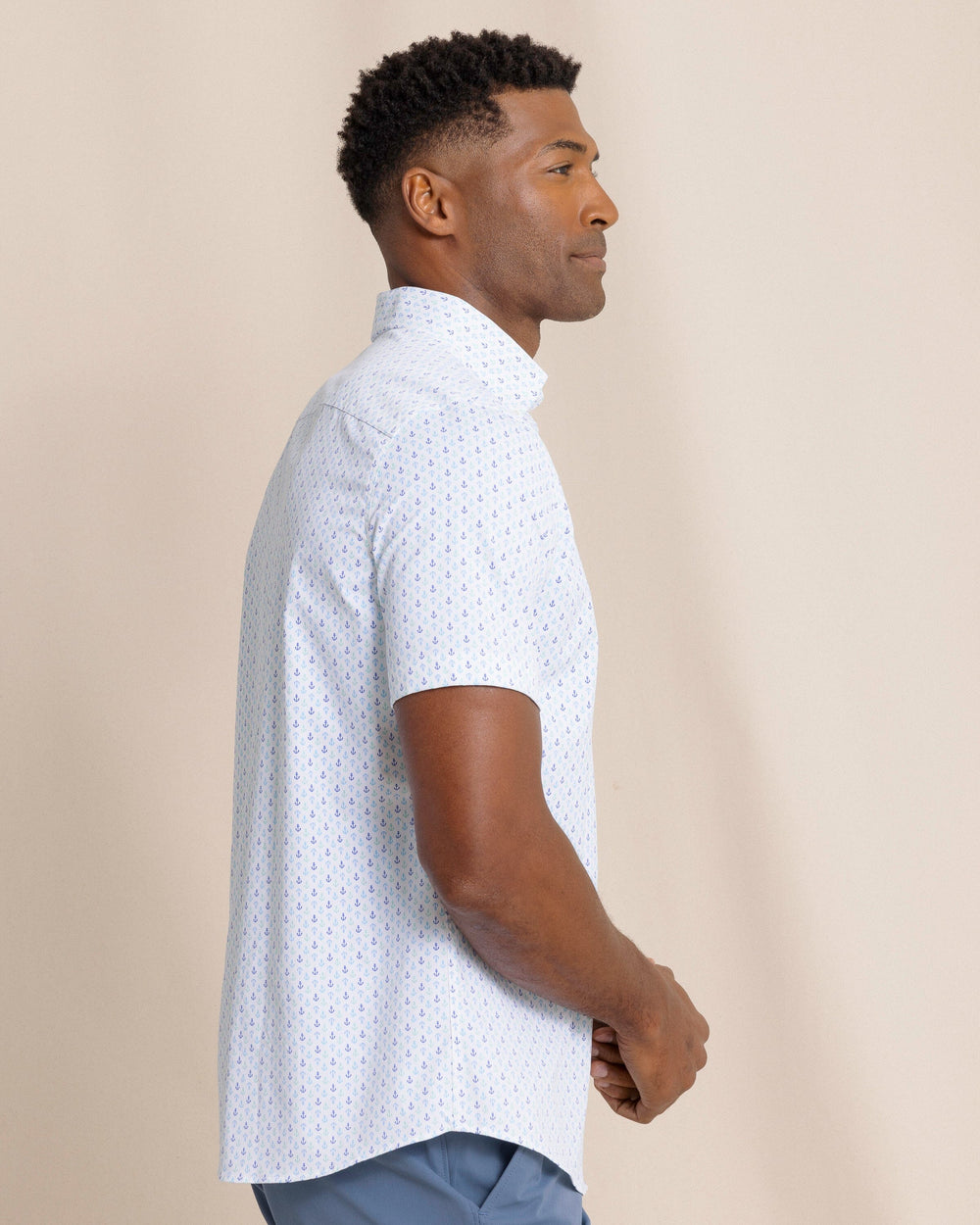 The side view of the Southern Tide Anchors Away Intercoastal Short Sleeve Sport Shirt by Southern Tide - Dazzling Blue
