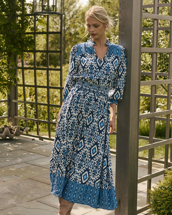 The lifestyle view of the Southern Tide Annabeth Terrace View Maxi Dress by Southern Tide - Boat Blue