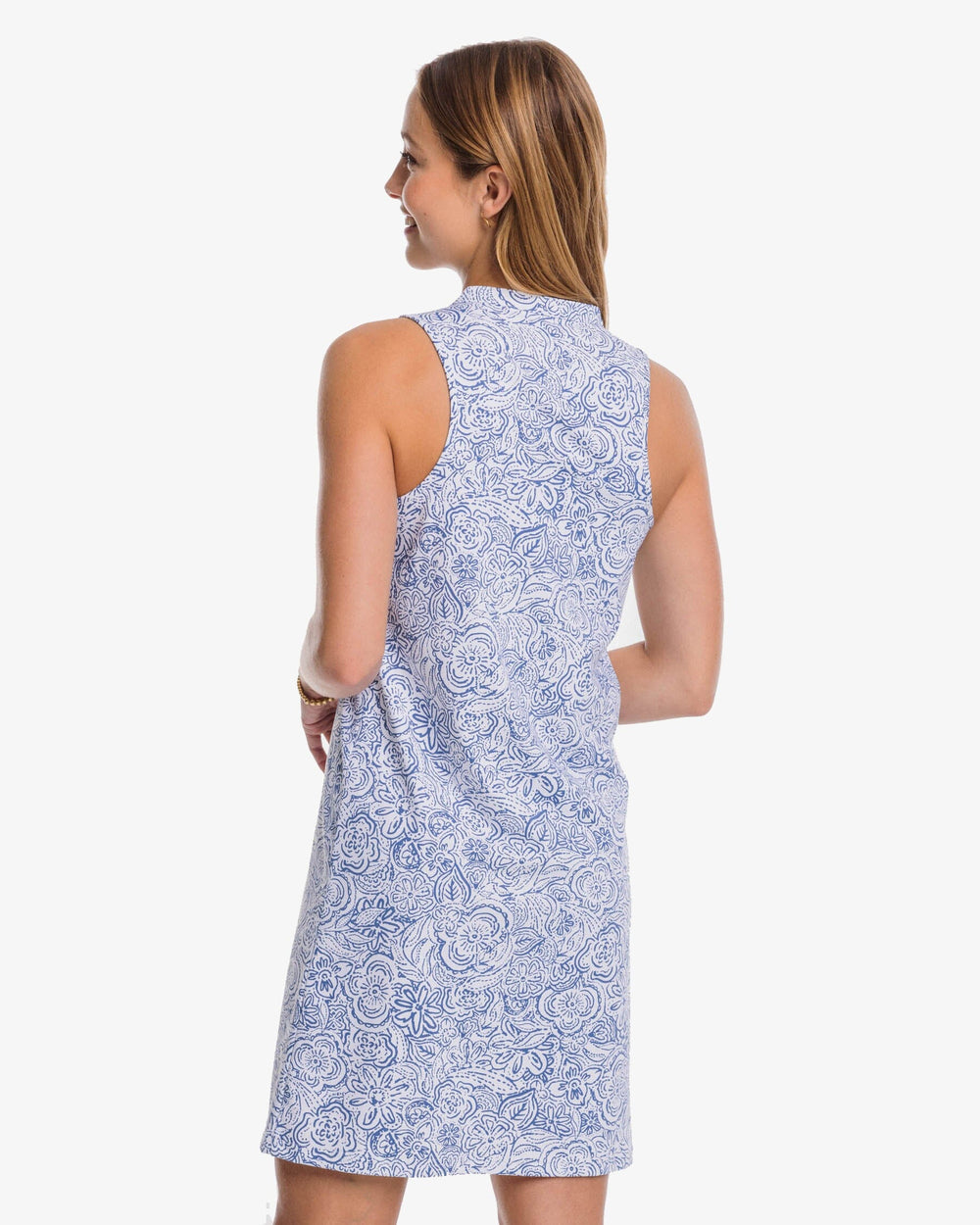 The back view of the Southern Tide Annalee Forever Floral Performance Dress by Southern Tide - Seven Seas Blue