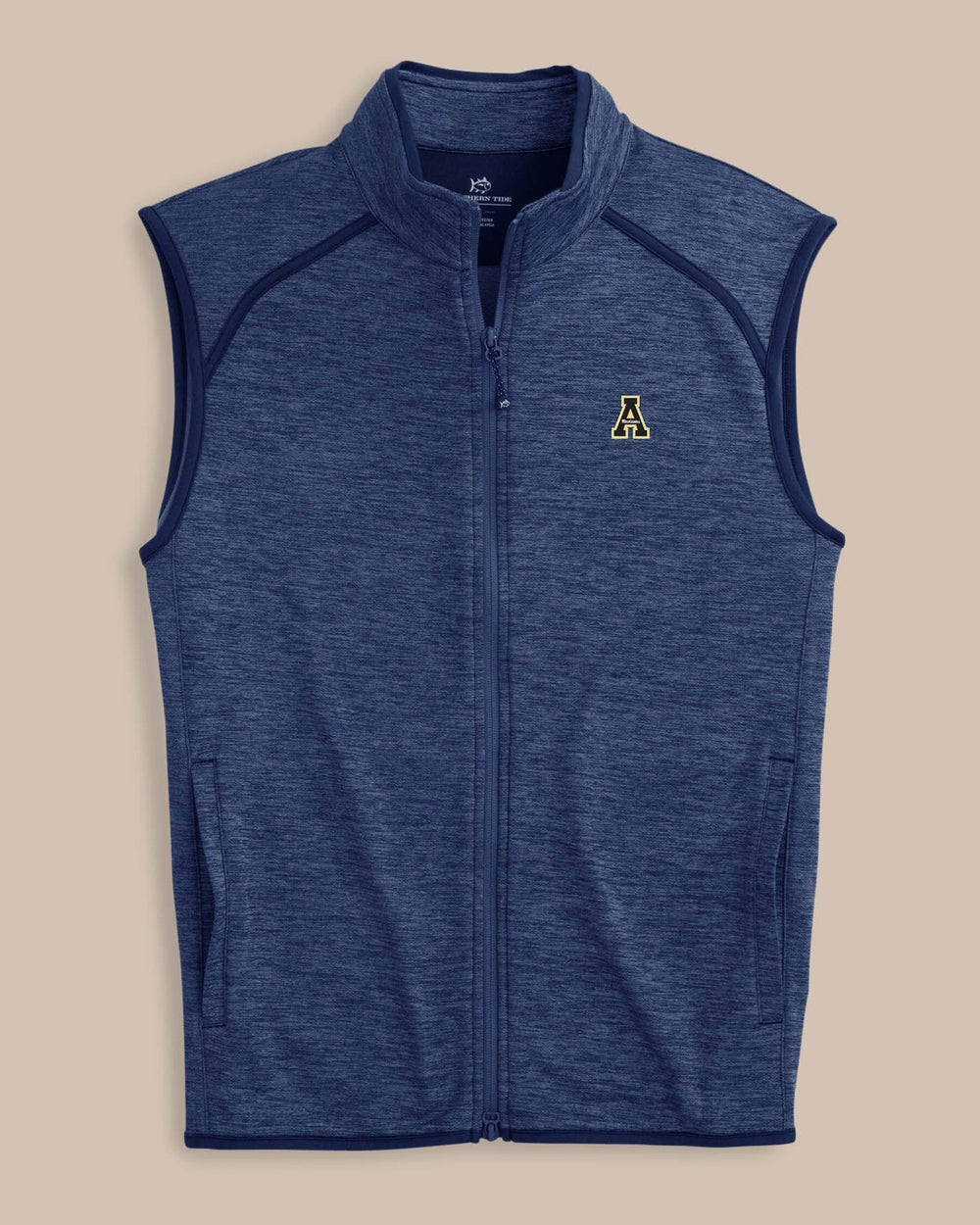 The front view of the Southern Tide App State Baybrook Heather Vest by Southern Tide - Heather Navy