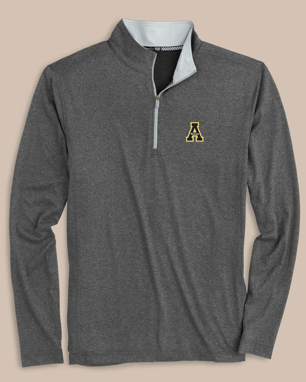 The front of the App State Mountaineers Flanker Quarter Zip Pullover by Southern Tide - Heather Polarized Grey