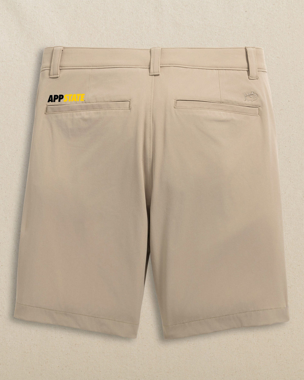 The back view of the Southern Tide App State Mountaineers Birdie 8" Coastal Breeze® Performance Short by Southern Tide - Sandstone Khaki