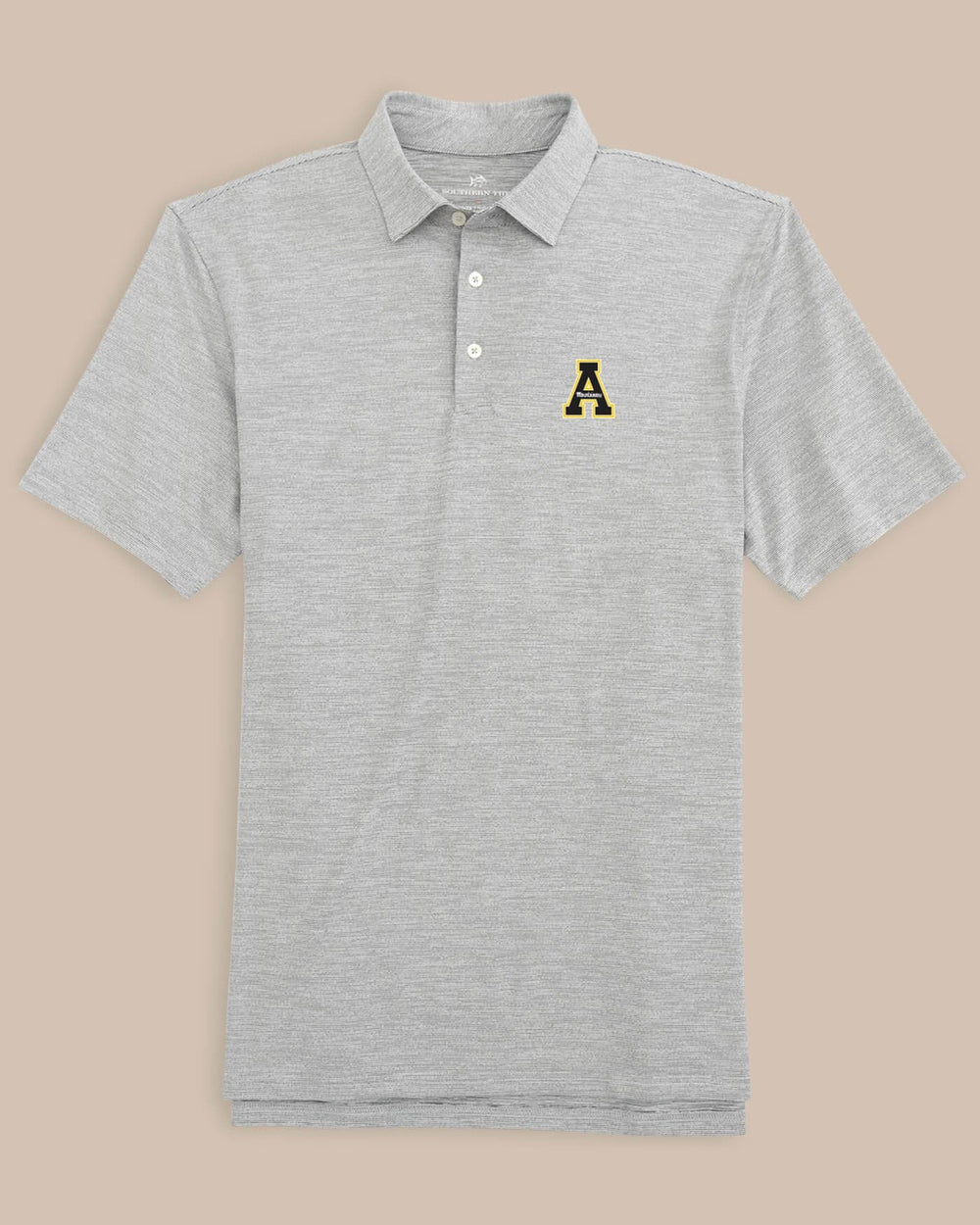 The front of the Appalachian State Driver Spacedye Polo by Southern Tide - Black