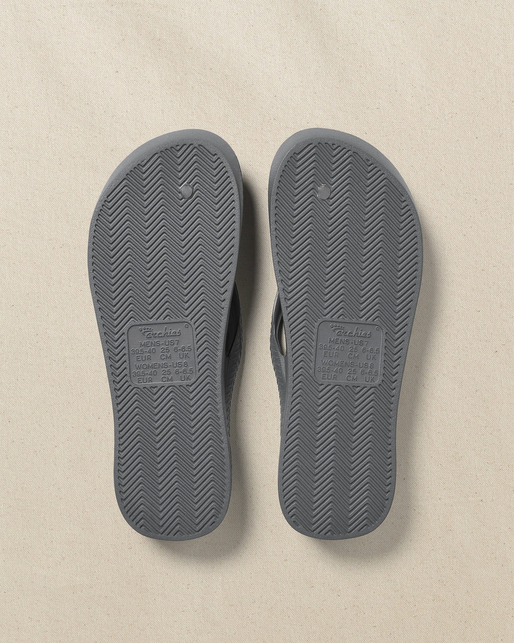 The bottom view of the Southern Tide Archie's Charcoal Arch Support Flip Flop by Southern Tide - Charcoal