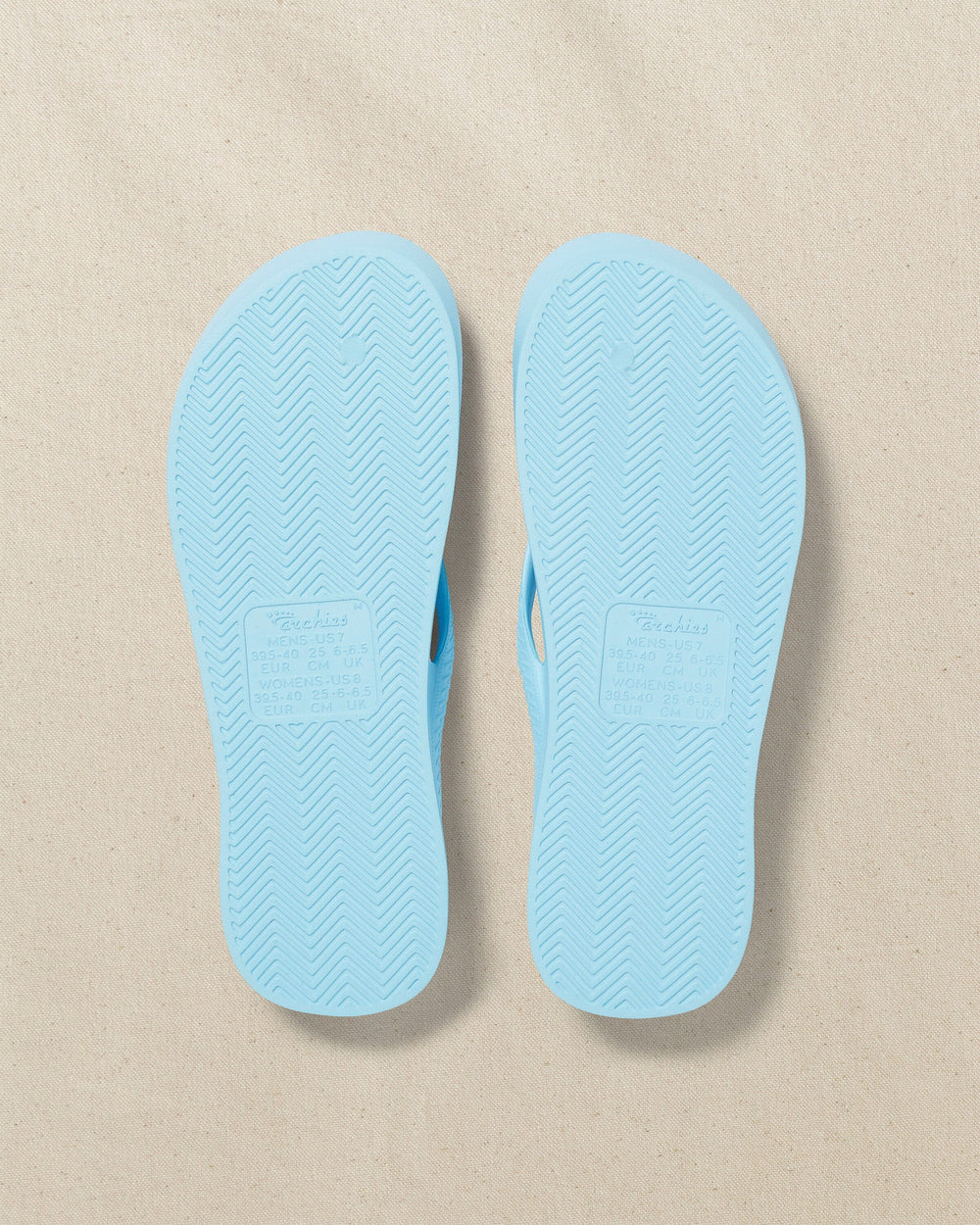 The bottom view of the Southern Tide Archie's Sky Blue Arch Support Flip Flop by Southern Tide - Sky Blue