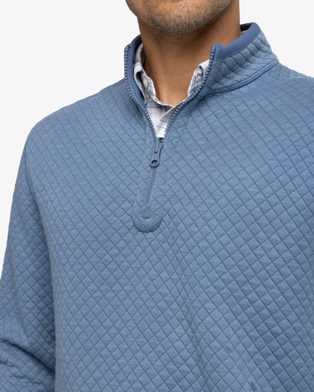 The detail view of the Southern Tide Arden Reversible Quarter Zip by Southern Tide - Blue Haze