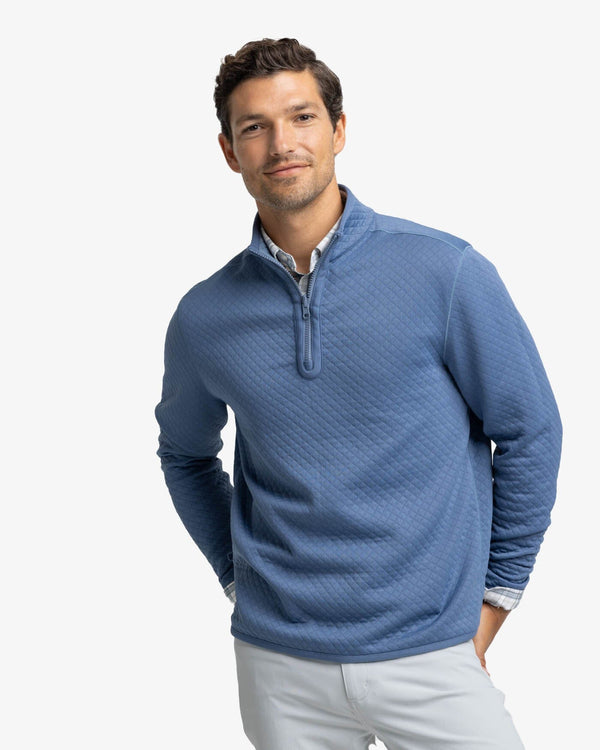 The front view of the Southern Tide Arden Reversible Quarter Zip by Southern Tide - Blue Haze