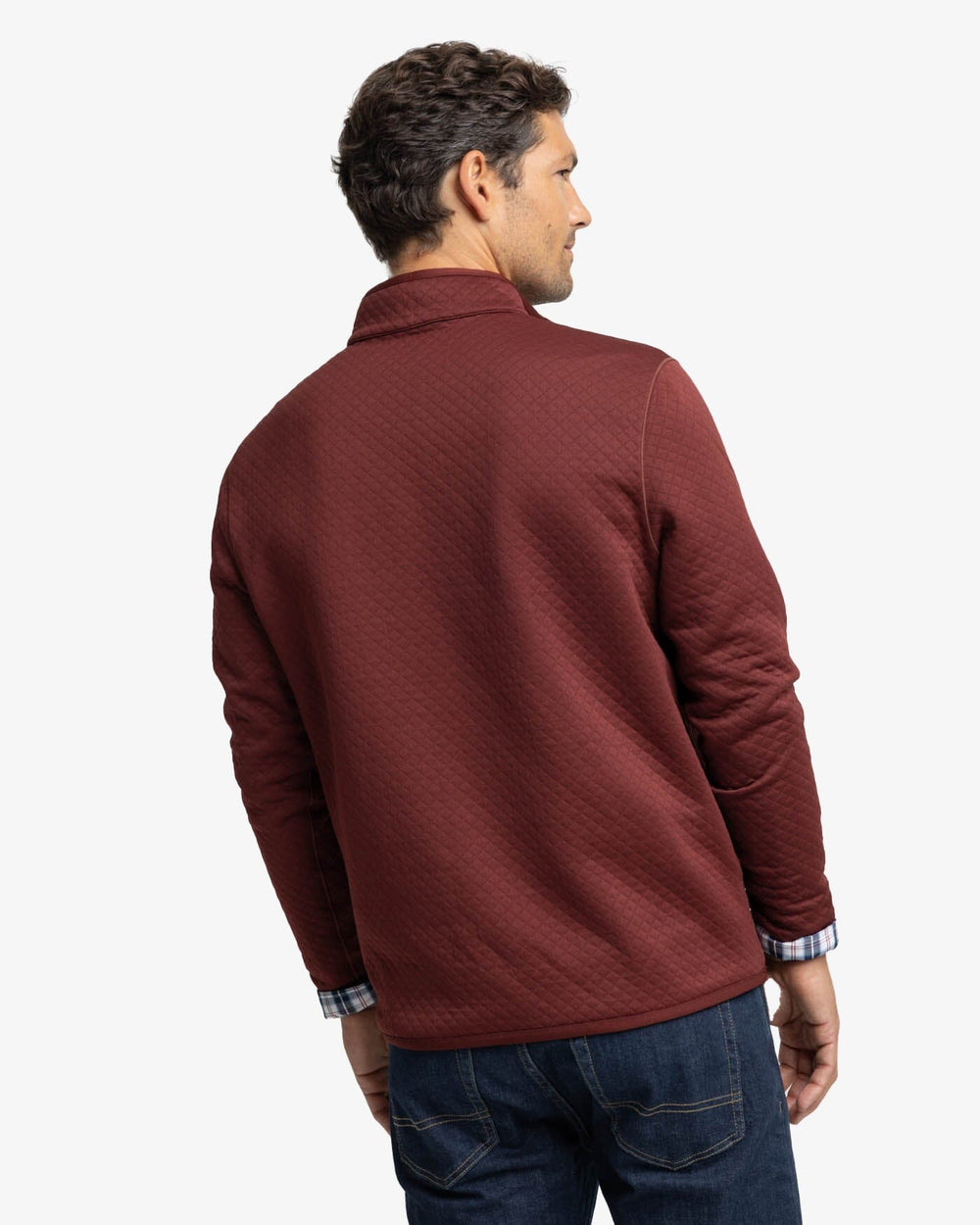The back view of the Southern Tide Arden Reversible Quarter Zip by Southern Tide - Bordeaux Red
