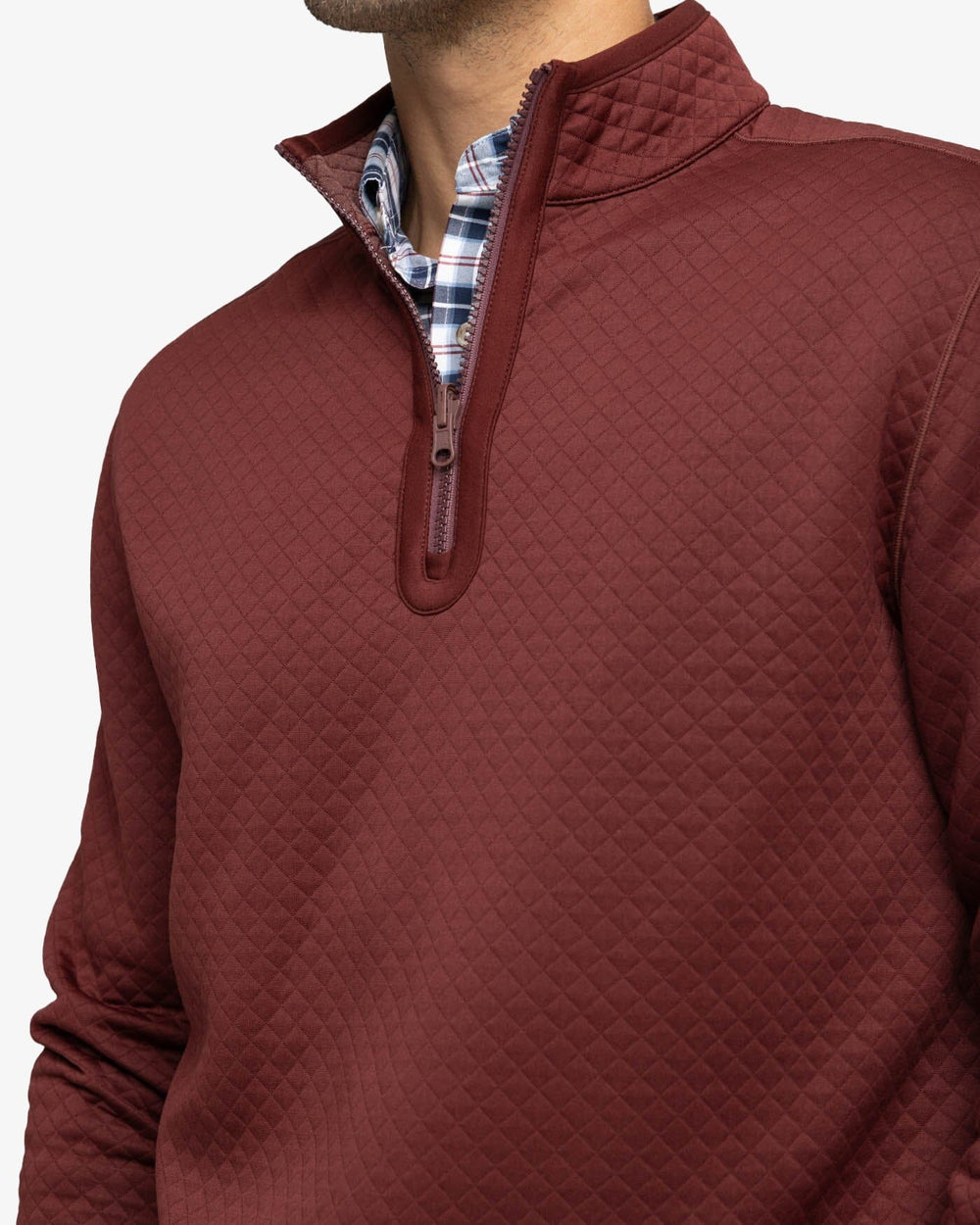 The detail view of the Southern Tide Arden Reversible Quarter Zip by Southern Tide - Bordeaux Red