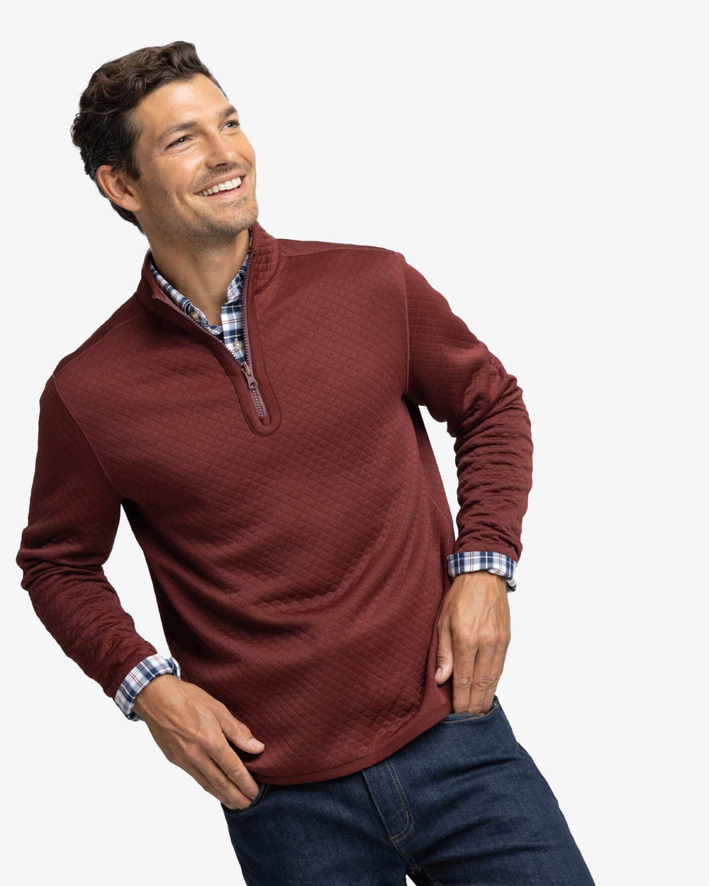 The front view of the Southern Tide Arden Reversible Quarter Zip by Southern Tide - Bordeaux Red
