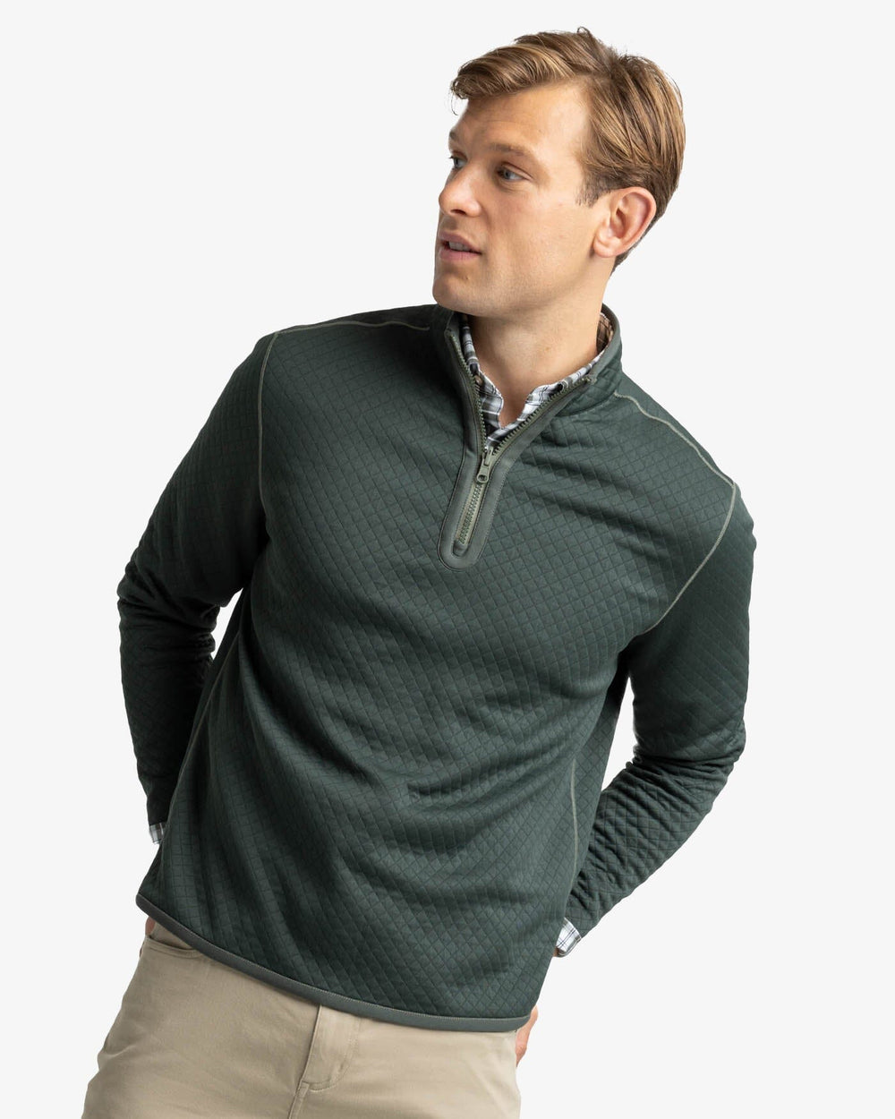 The front view of the Southern Tide Arden Reversible Quarter Zip by Southern Tide - Gulf Green
