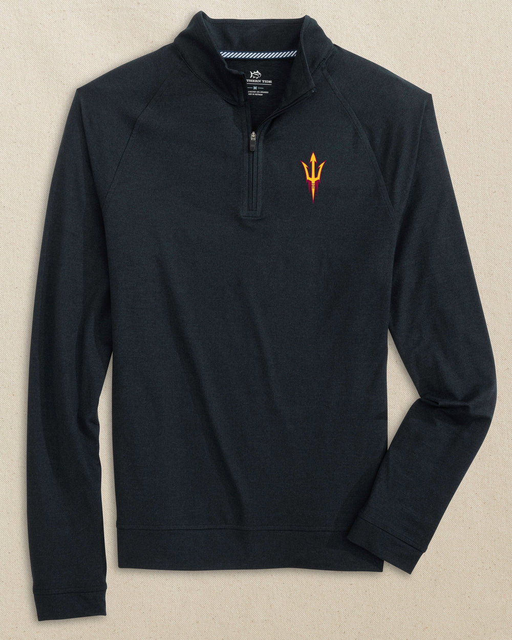 The front view of the Southern Tide Arizona State Sun Devils Cruiser Heather Quarter Zip Pullover by Southern Tide - Caviar Black