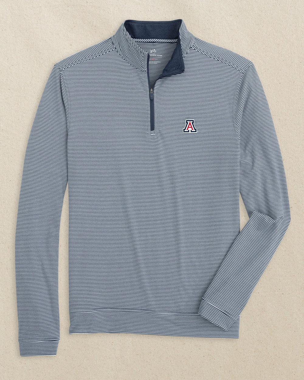 The front view of the Southern Tide Arizona Wildcats Cruiser Micro-Stripe Heather Quarter Zip by Southern Tide - Heather Navy