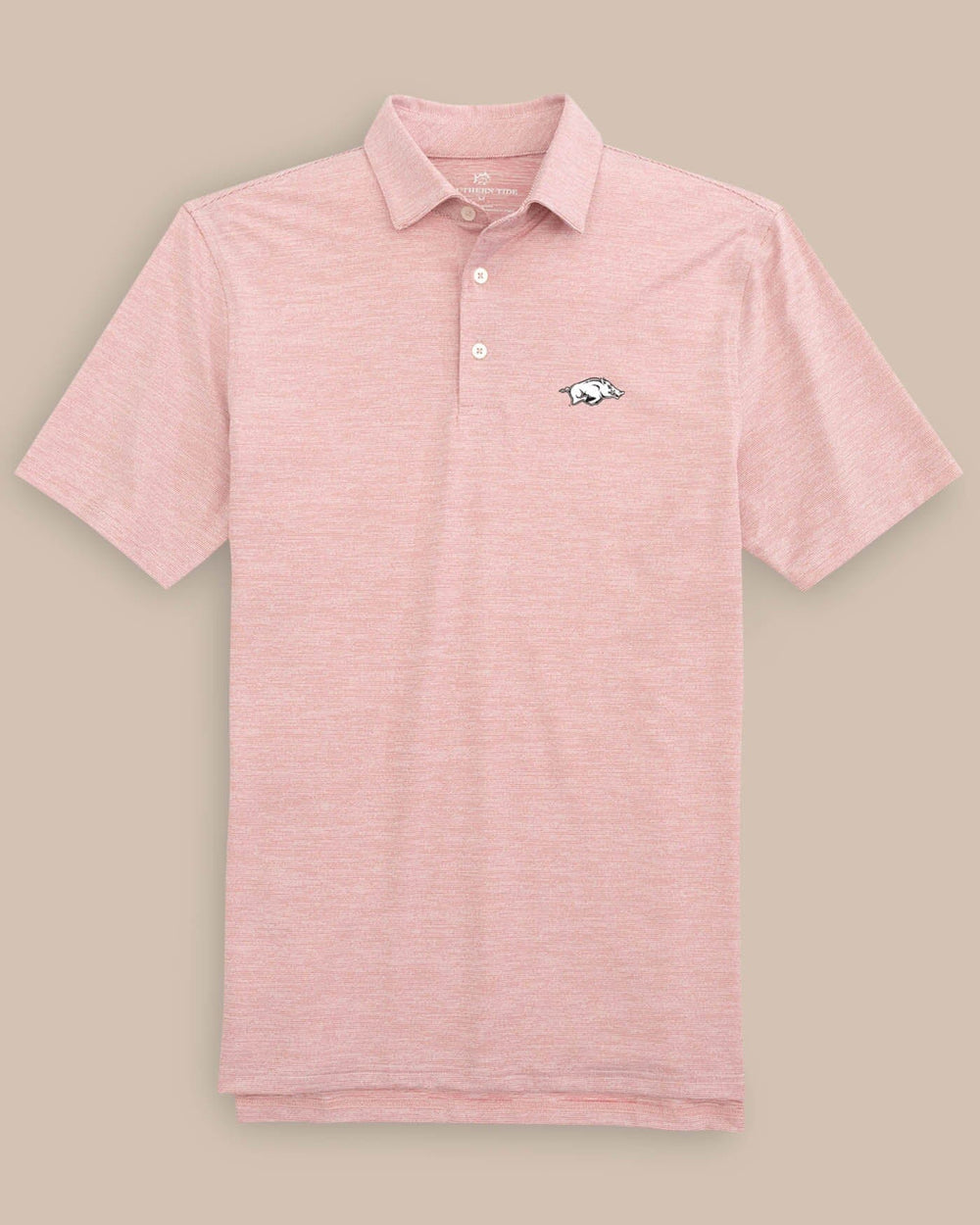 The front of the Arkansas Razorbacks Driver Spacedye Polo Shirt by Southern Tide - Crimson