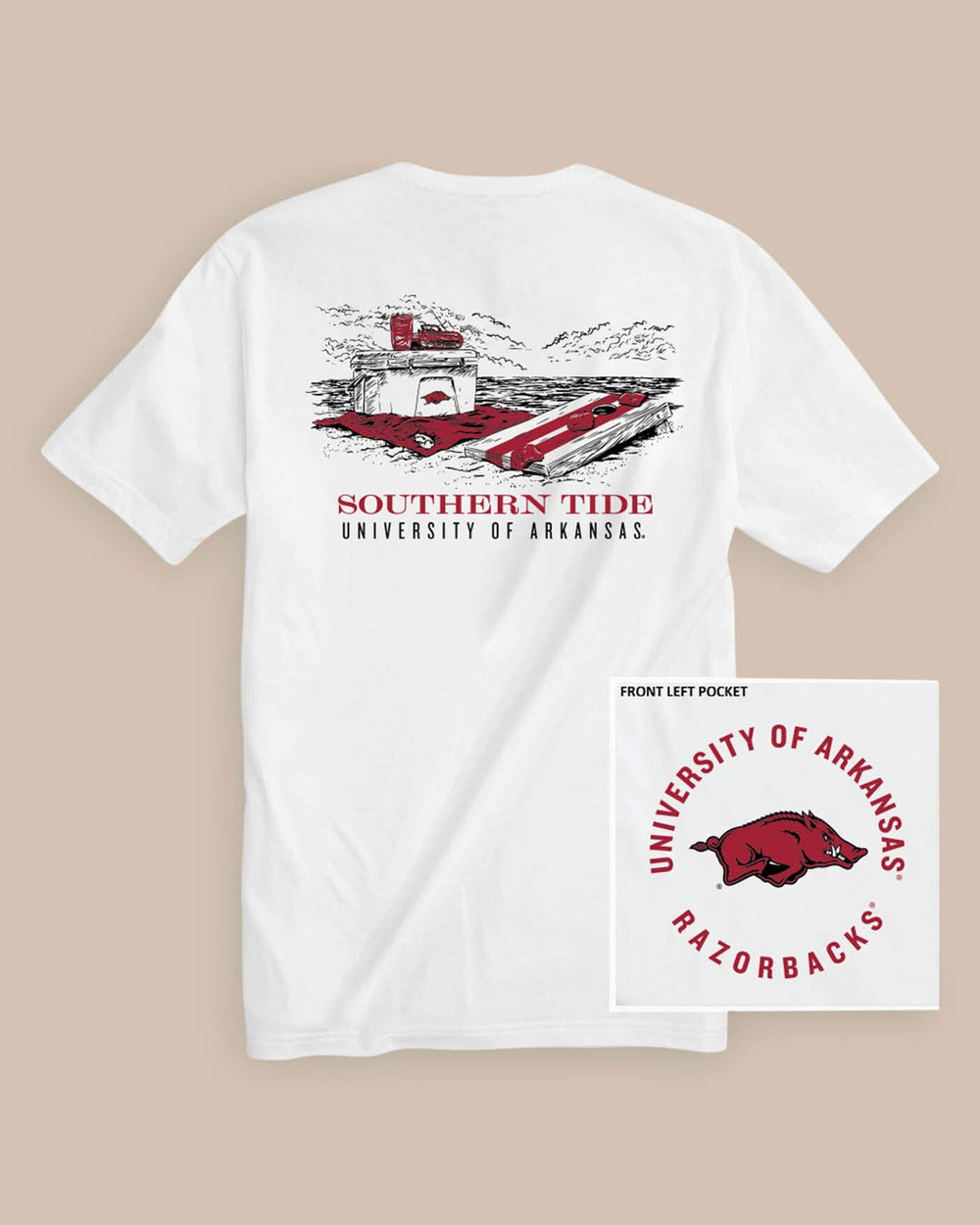 The back view of the Arkansas Razorbacks Beach Cornhole T-Shirt by Southern Tide - Classic White