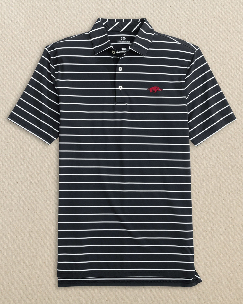 The front view of the Southern Tide Arkansas Razorbacks brrr°®-eeze Desmond Stripe Polo by Southern Tide - Black
