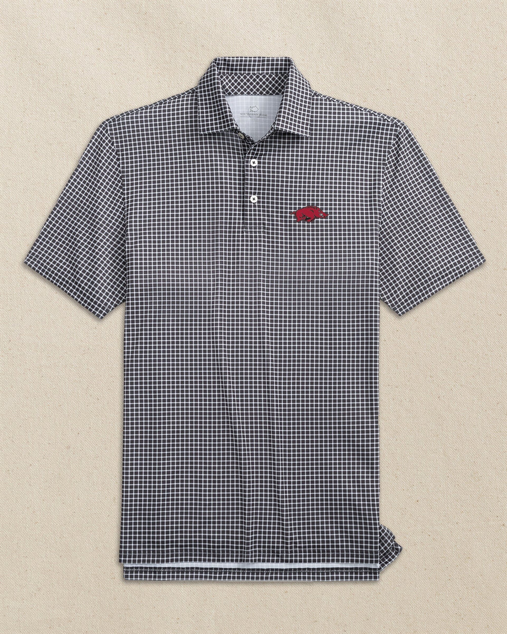 The front view of the Southern Tide Arkansas Razorbacks Driver Dunes Edge Plaid Polo by Southern Tide - Black