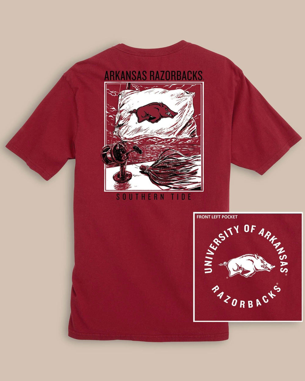 The back view of the Arkansas Razorbacks Fishing Flag T-Shirt by Southern Tide - Crimson
