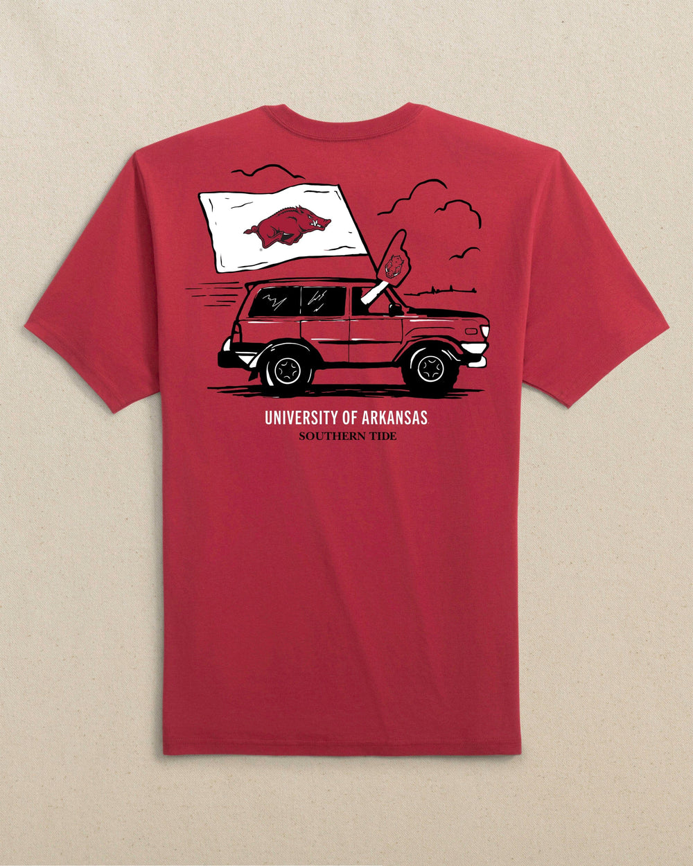 The back view of the Southern Tide Arkansas Razorbacks Game Bound Short Sleeve T-Shirt by Southern Tide - Crimson