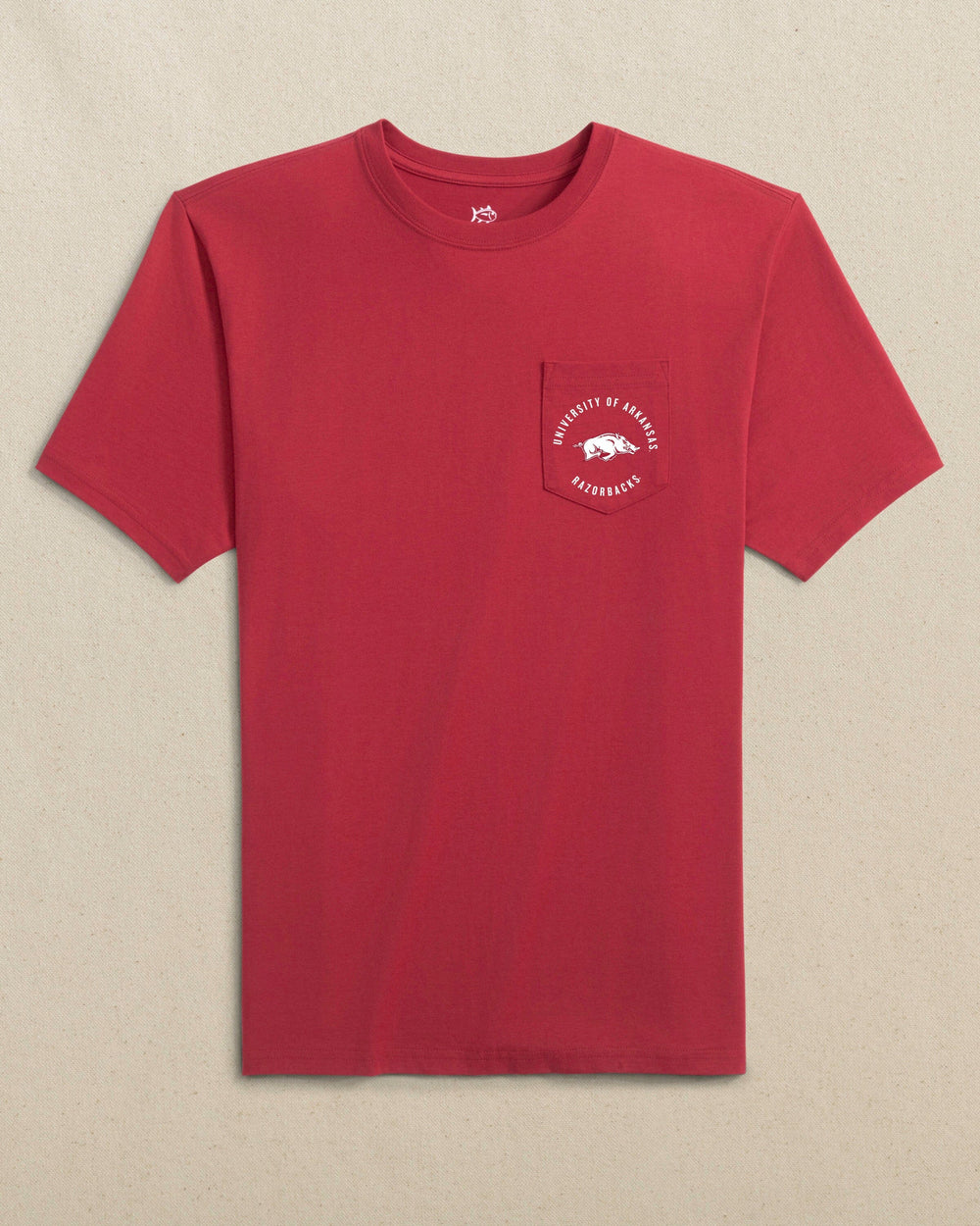 The front view of the Southern Tide Arkansas Razorbacks Game Bound Short Sleeve T-Shirt by Southern Tide - Crimson