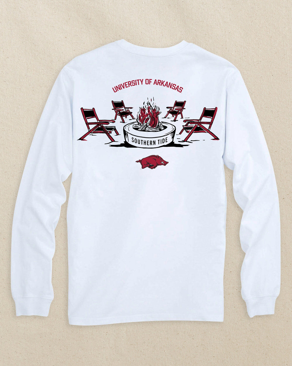 The back view of the Southern Tide Arkansas Razorbacks Gameday Bonfire Long Sleeve T-Shirt by Southern Tide - Classic White