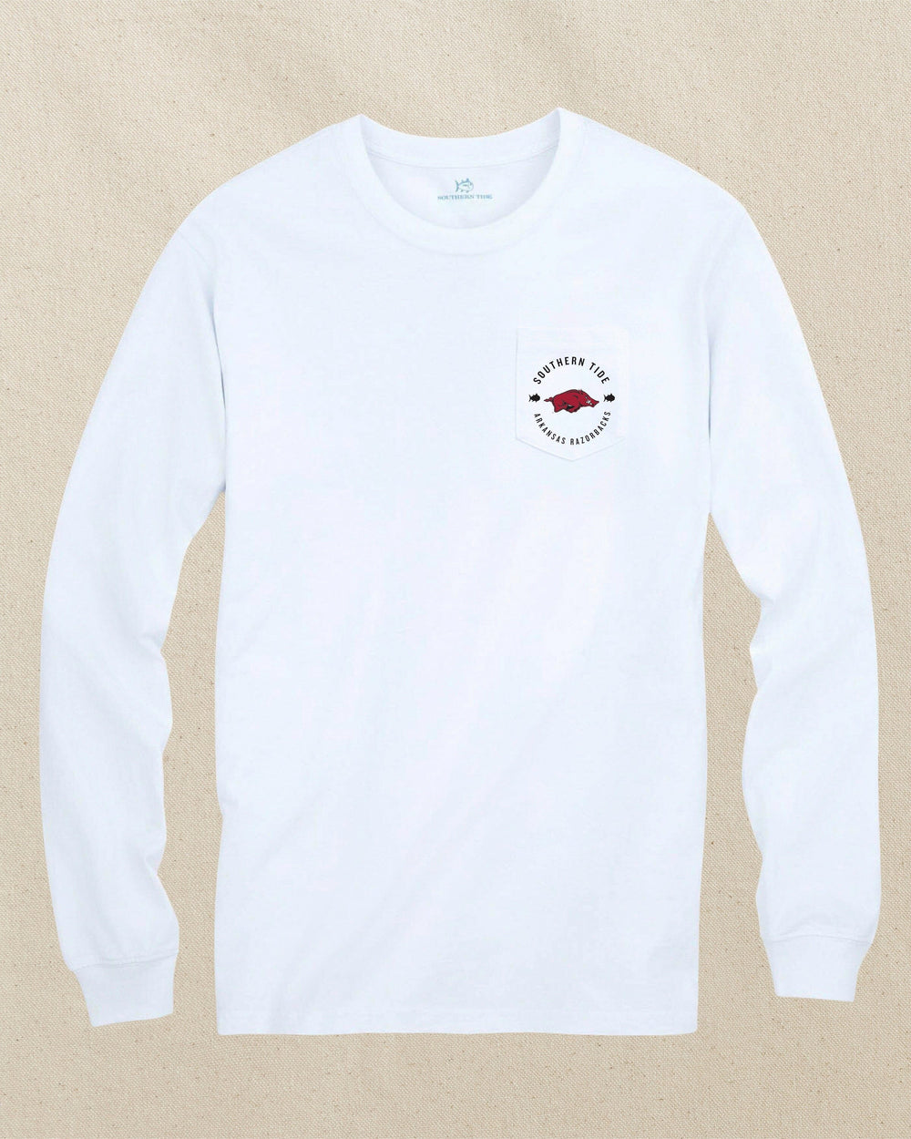 The front view of the Southern Tide Arkansas Razorbacks Gameday Bonfire Long Sleeve T-Shirt by Southern Tide - Classic White