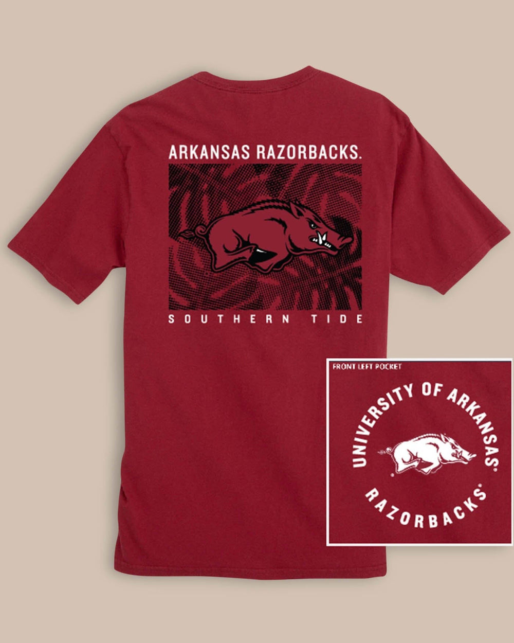 The back view of the Arkansas Razorbacks Halftone Monstera T-Shirt by Southern Tide - Crimson